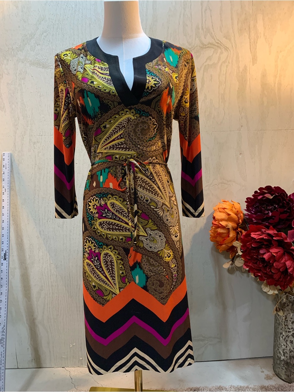 Paisley Chevron Belted Midi Dress in Multicolor